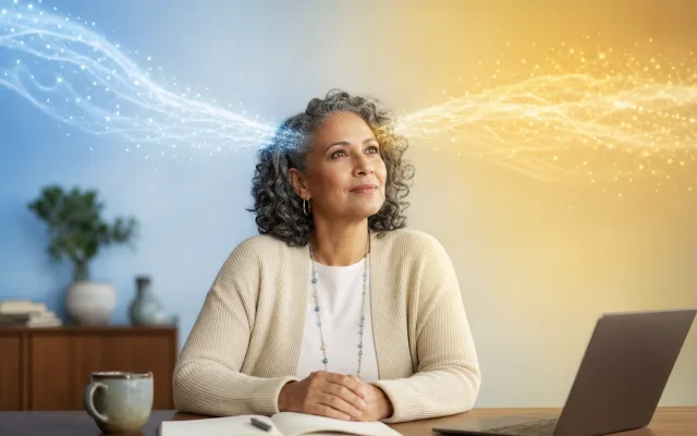 Middle-aged woman at a desk with two diverging streams of light representing competing cognitive pathways