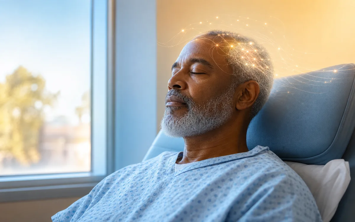Older adult resting calmly in a recovery chair with faint neural light strands settling around the head, suggesting the mind clearing after surgery