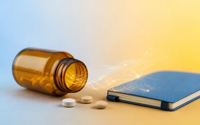 Open pill bottle beside a small blue notepad with faint neural light strands drifting upward, depicting the question of anticholinergic medications and brain health