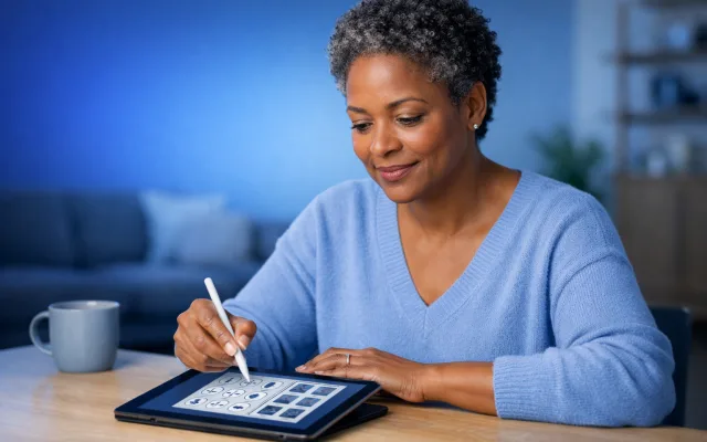 Older adult completing a guided cognitive assessment at home