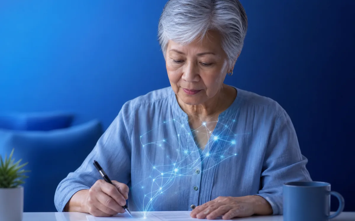 Person filling out a paper cognitive screening at home while a clinician review sits nearby, calm blue tones