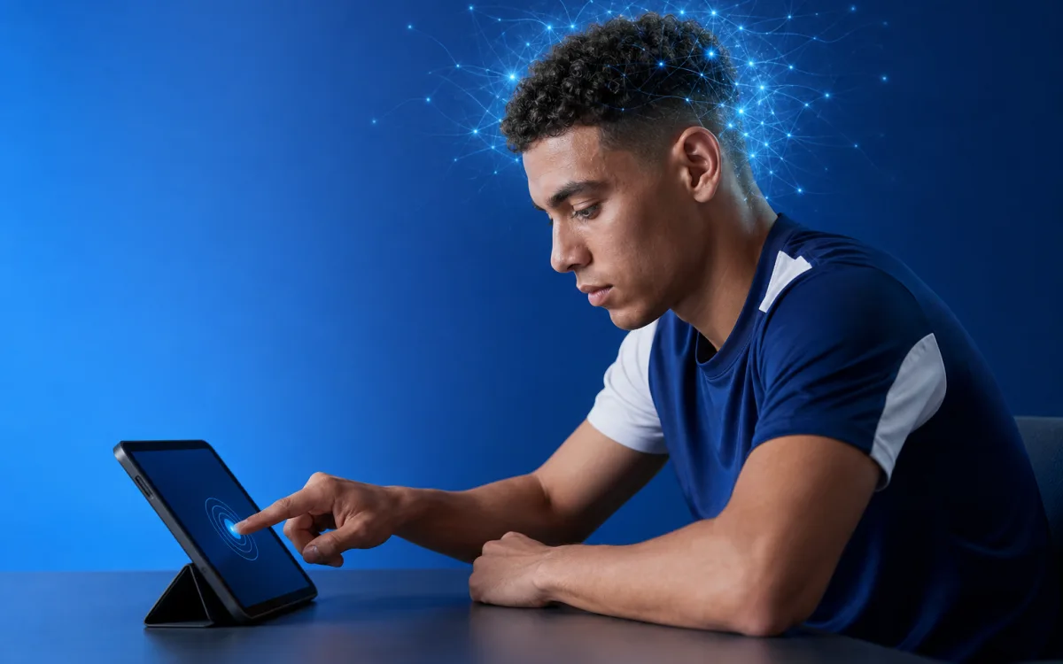Athlete seated calmly at a quiet station tapping through a digital cognitive test, gentle blue luminous waves suggesting focus and brain activity