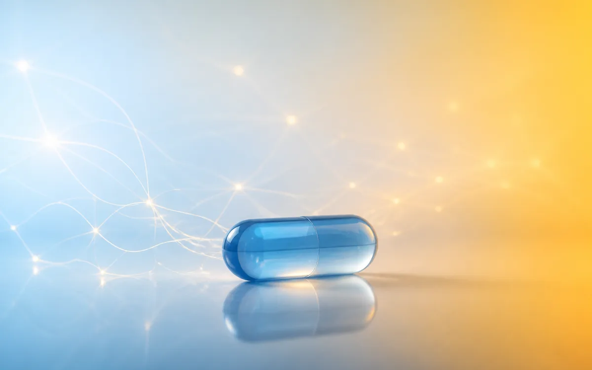 A single blue capsule resting on a calm surface with faint neural light strands dimming around it, evoking benzodiazepines and memory