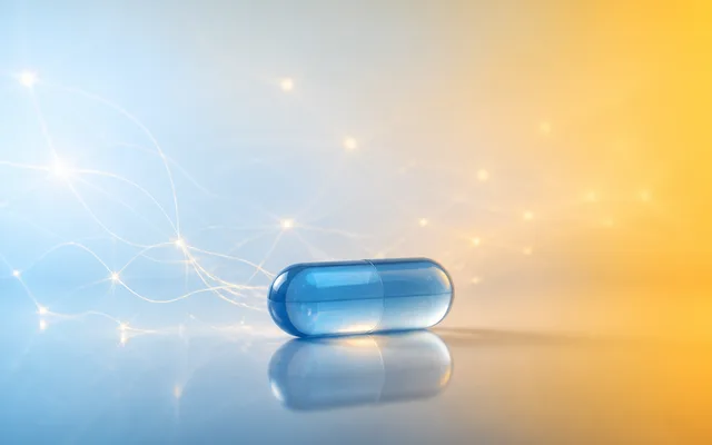 A single blue capsule resting on a calm surface with faint neural light strands dimming around it, evoking benzodiazepines and memory