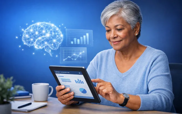 An older adult sitting at a tablet completing a structured cognitive assessment at home