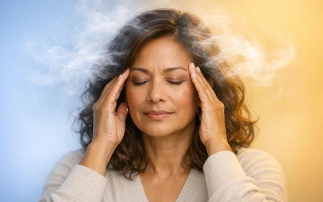 Woman in her early 50s holds her temples with eyes closed, wisps of fog drifting around her head depicting brain fog