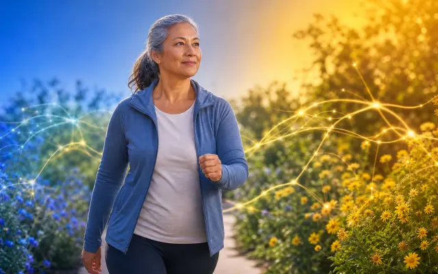Glowing neural pathways branching through a vibrant garden of green leaves and golden light