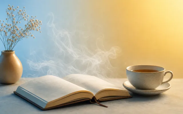 Open notebook on a calm desk with a single teacup, soft wisps of pale fog drifting over the page to depict the mental haze of chemo brain