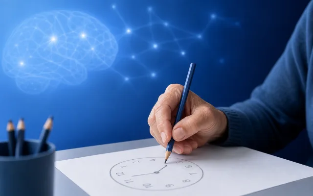 Older adult sketching a simple clock face on paper at a calm desk in soft blue tones