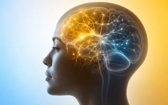 Translucent human head profile with layered neural pathways illuminated in varying degrees of brightness