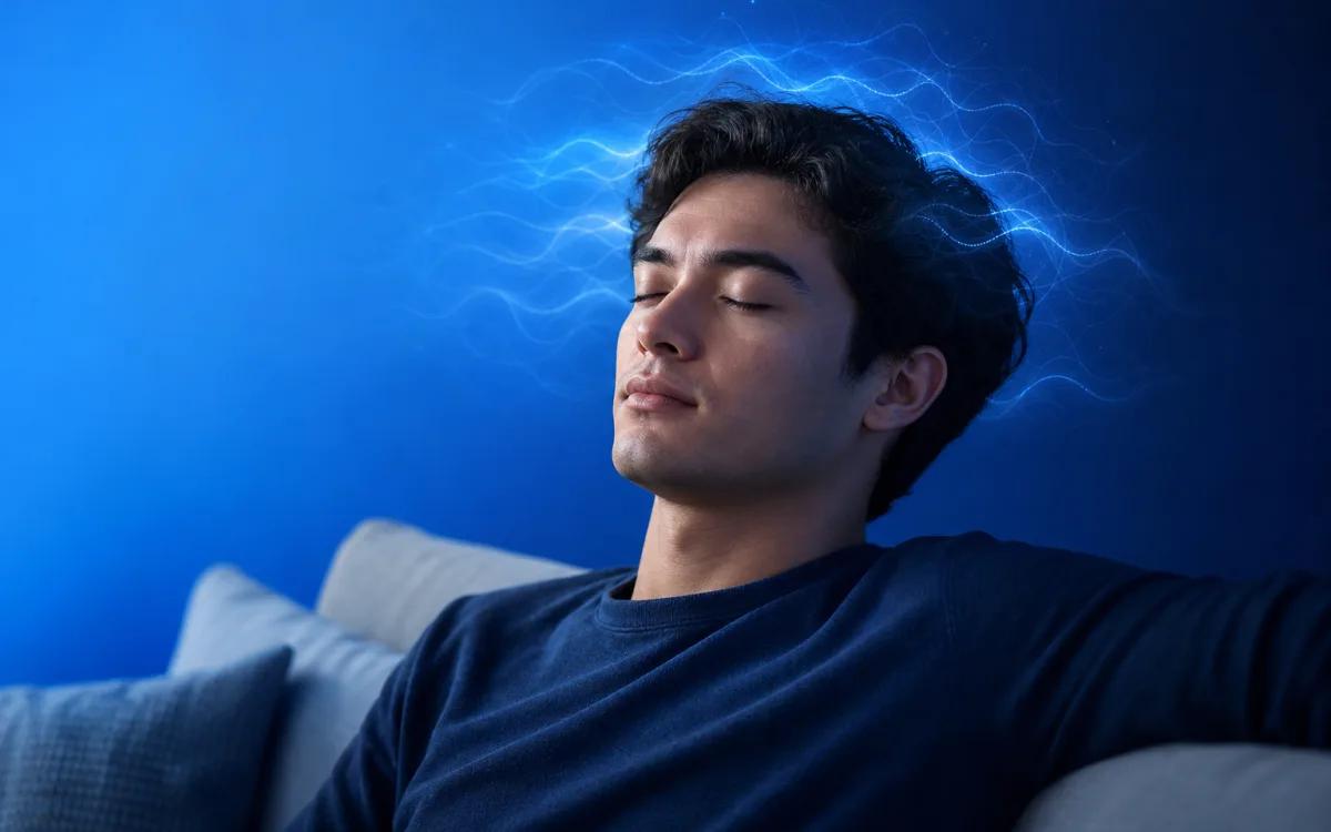 Person quietly resting with eyes closed and gentle blue light waves around the temples, suggesting cognitive recovery after a head injury