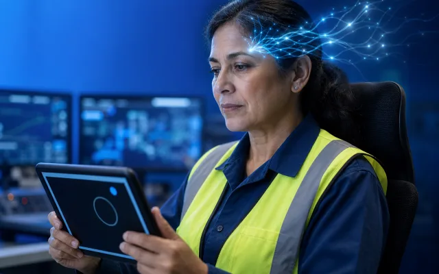 Focused safety-sensitive worker in protective gear completing a brief attention task on a tablet during a fitness-for-duty check-in