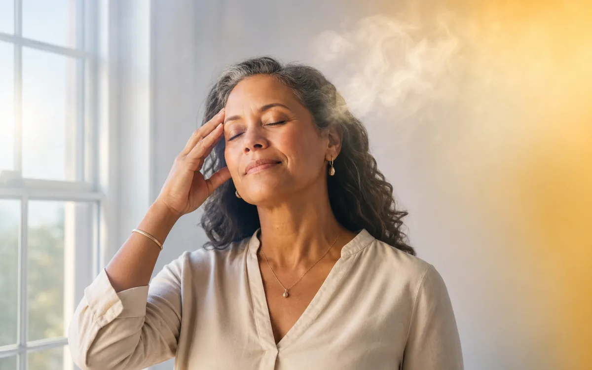Woman in her mid-50s pausing thoughtfully near a sunlit window with soft warm light around her temple