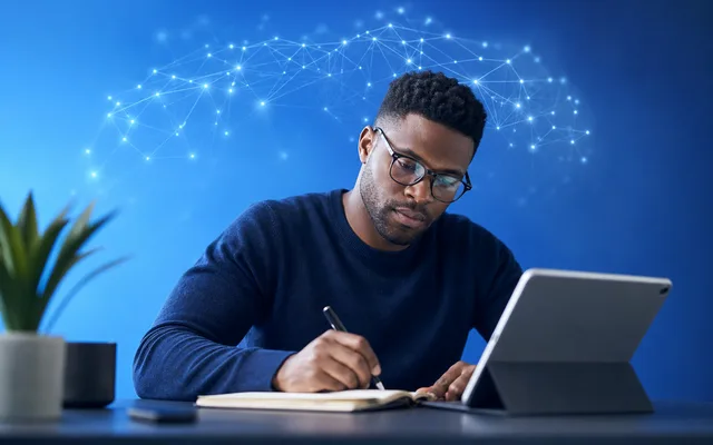 Focused adult professional working at a tidy desk with soft luminous neural patterns suggesting attention and processing speed on the job