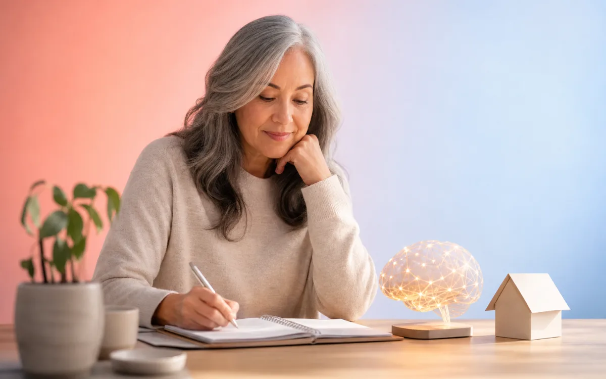 Adult in their early 60s reviewing a planning notebook at a sunlit desk with soft neural light traces in the background