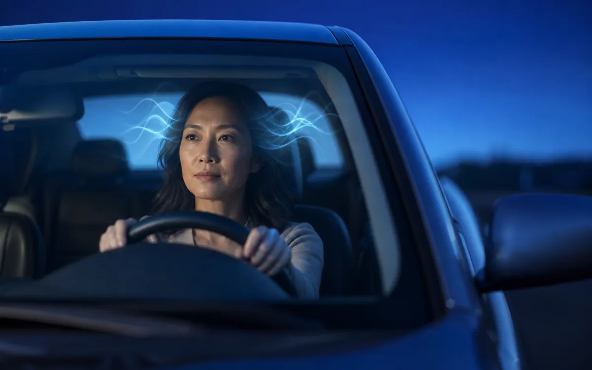 Person resting against a car window with soft luminous waves drifting around the head, depicting quiet evaluation of cognition after a motor vehicle crash