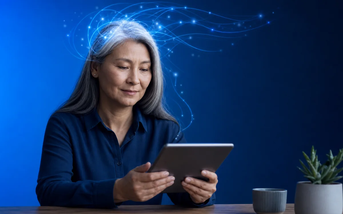 Adult in their fifties seated at a clean desk with a tablet, soft neural light patterns in the air around them