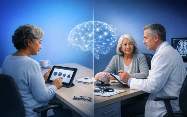 Two abstract pathways diverging in soft blue tones representing different cognitive assessment approaches