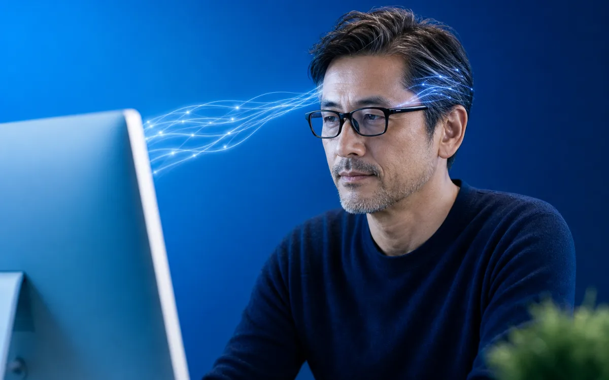 Adult professional concentrating at a clean desk with subtle luminous neural motifs in the air, representing workplace cognitive performance