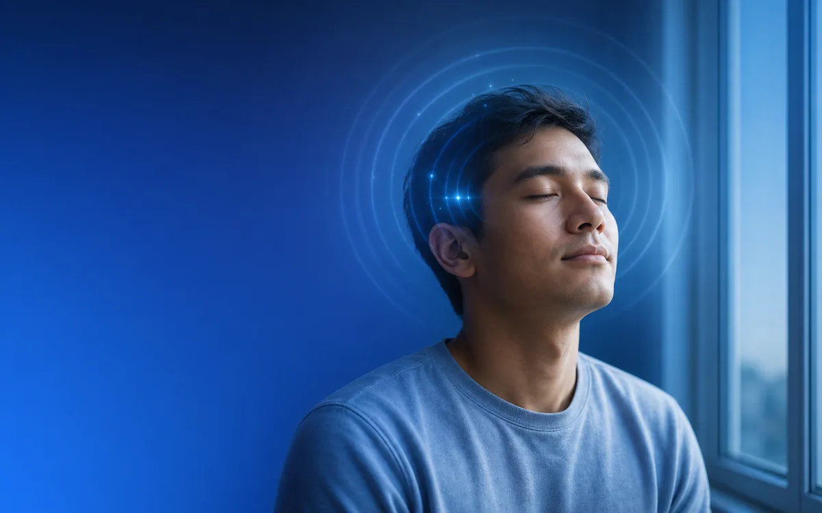 Person quietly seated indoors with gentle concentric light rings emanating from the temples, suggesting brain recovery and cognitive monitoring