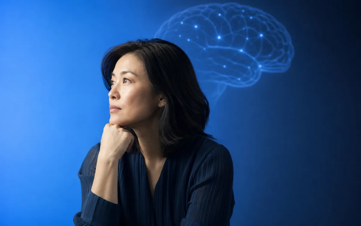 Thoughtful person resting against a window with faint neural patterns drifting nearby, depicting careful study of long-term brain health questions
