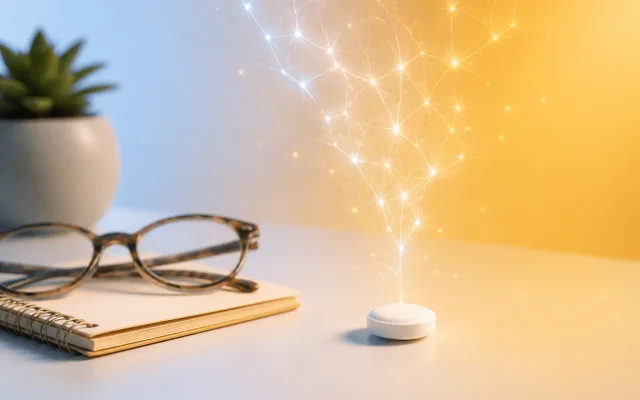 Single statin tablet beside a small notebook with faint neural light strands drifting above, depicting the question of whether statins affect memory