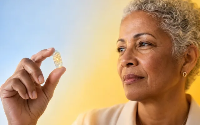 Older adult holding a translucent pill capsule with faint neural pathways glowing inside it against soft blue tones