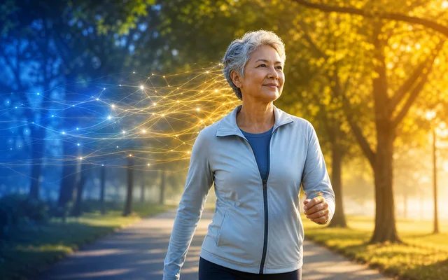 Older adult walking briskly along a sunlit path with faint neural light trails extending behind them