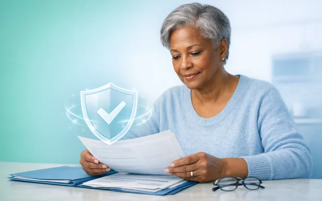 Person reviewing insurance documents at a desk with soft clinical lighting