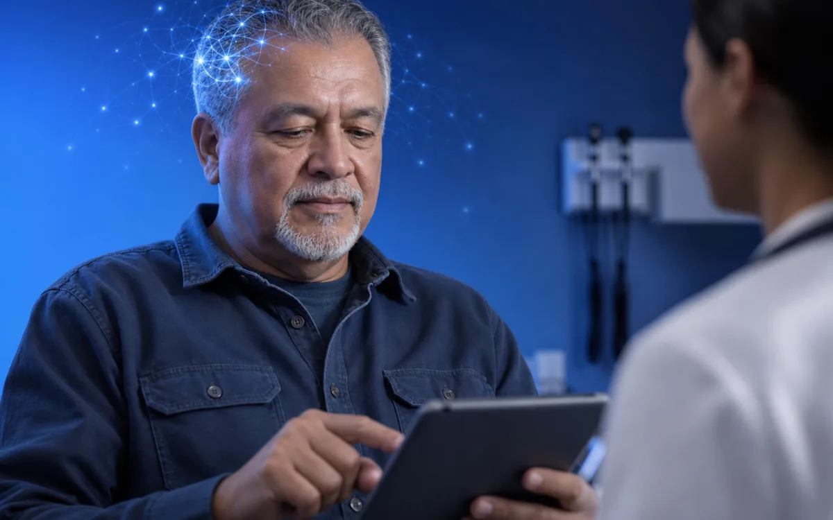 Experienced commercial driver completing a tablet-based attention task in a quiet medical office, soft blue light suggesting clarity of thought and safe decision-making