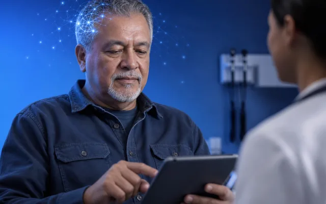 Commercial truck driver in his late 50s seated calmly in a clean office during a medical exam, with subtle luminous neural patterns suggesting attention and reaction time