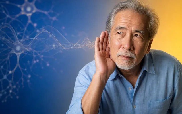 Older man cupping his ear to listen as faint sound waves dissolve into dim neural pathways