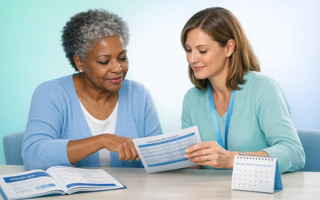 Soft clinical abstract showing calendar blocks and checkmark icons in blue and teal