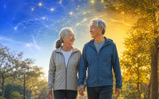 Older couple walking together through a sunlit park with soft neural light patterns in the air