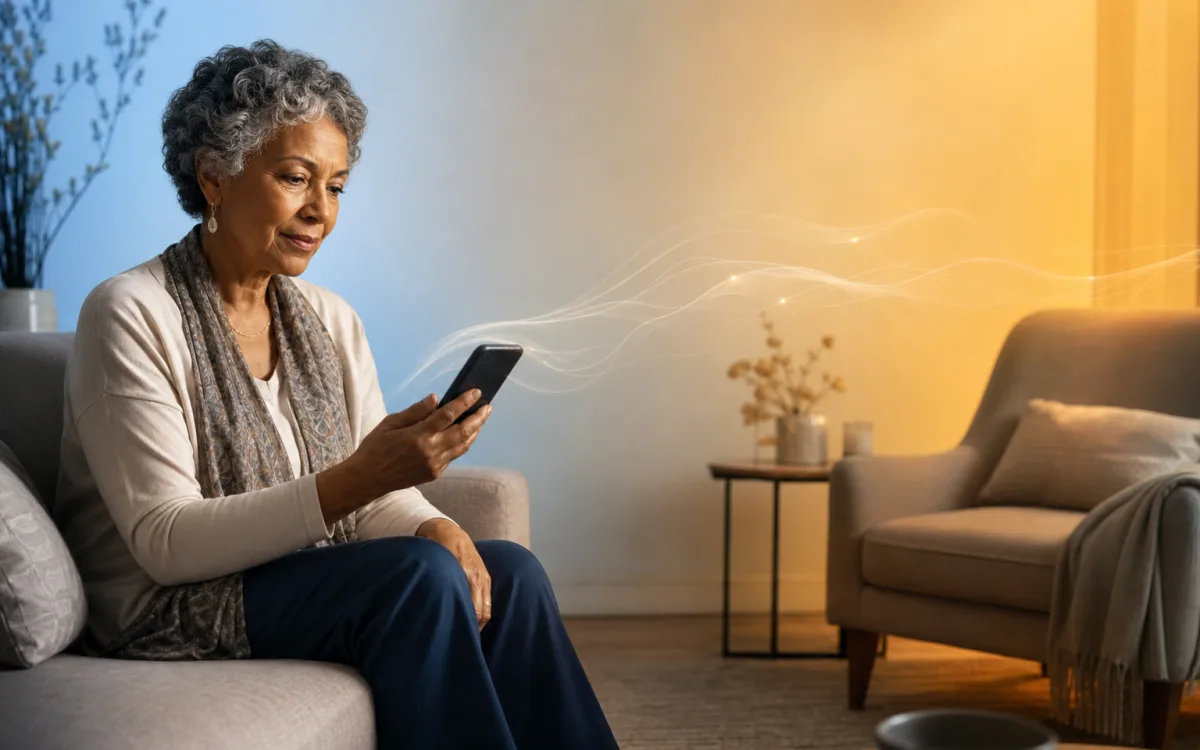 Older woman sitting alone on a couch with a softly glowing phone in hand and faint translucent threads drifting toward an empty armchair