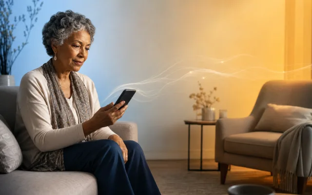Older woman sitting alone on a couch with a softly glowing phone in hand and faint translucent threads drifting toward an empty armchair