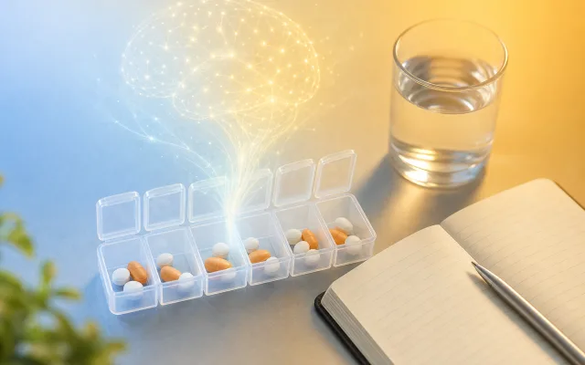 Soft-focus arrangement of pill bottles and neural light patterns suggesting how medications interact with thinking and memory