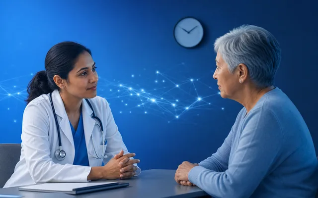 Primary care clinician and older adult in a brief appointment during a short cognitive screening in soft blue tones