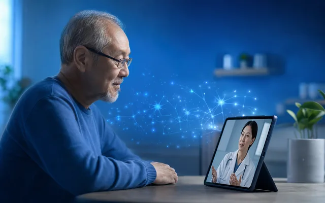 Older adult at a laptop during a video call with a clinician, soft neural light motifs in blue tones