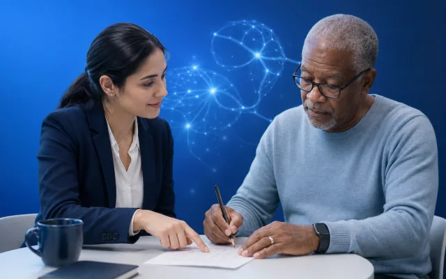 Clinician and older adult seated at a table during a brief cognitive screening in soft blue tones