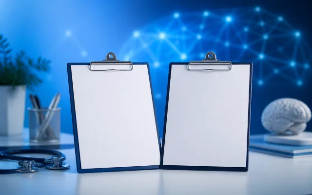 Two clipboards side by side on a desk representing a comparison of two brief cognitive screens in soft blue tones