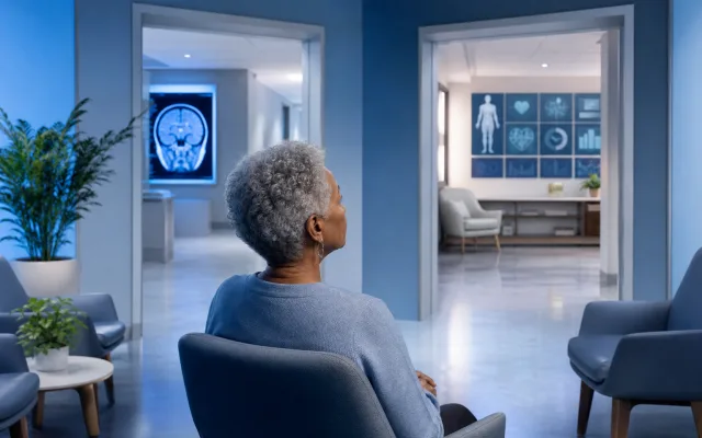 Two medical professionals reviewing cognitive assessment results side by side in soft clinical light