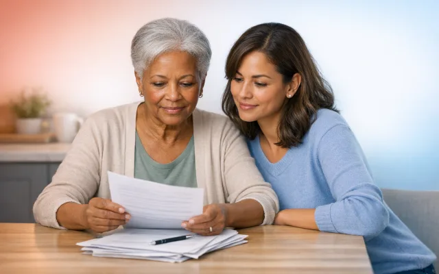 Older adult and adult child reviewing documents together at a kitchen table, symbolizing proactive family planning