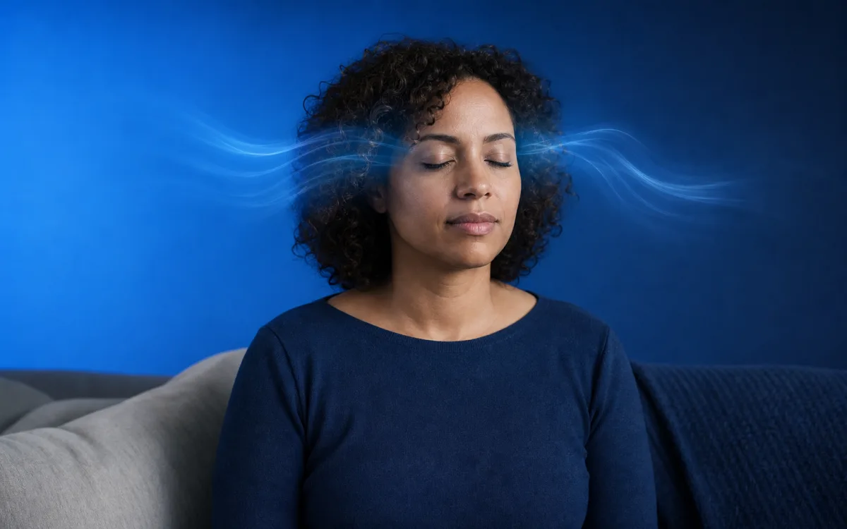 Person sitting calmly with eyes closed and soft luminous waves drifting around the temples, depicting persistent post-concussion symptoms