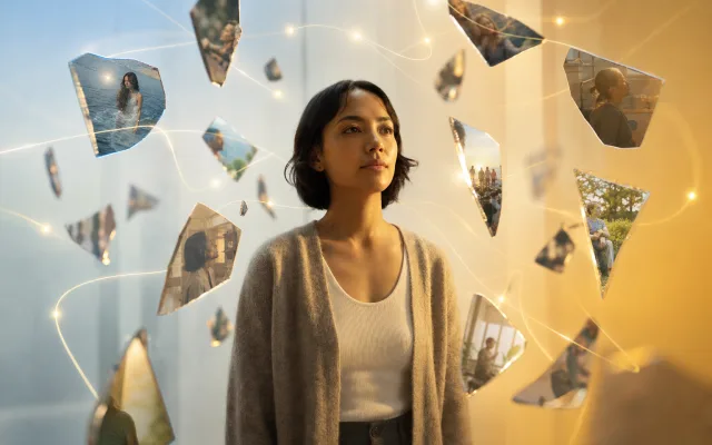 Person standing in a dimly lit corridor with fragmented mirror shards floating around them reflecting scattered memories