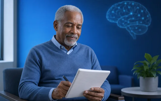 Older adult reviewing a handwritten list of questions in a neurology clinic waiting room