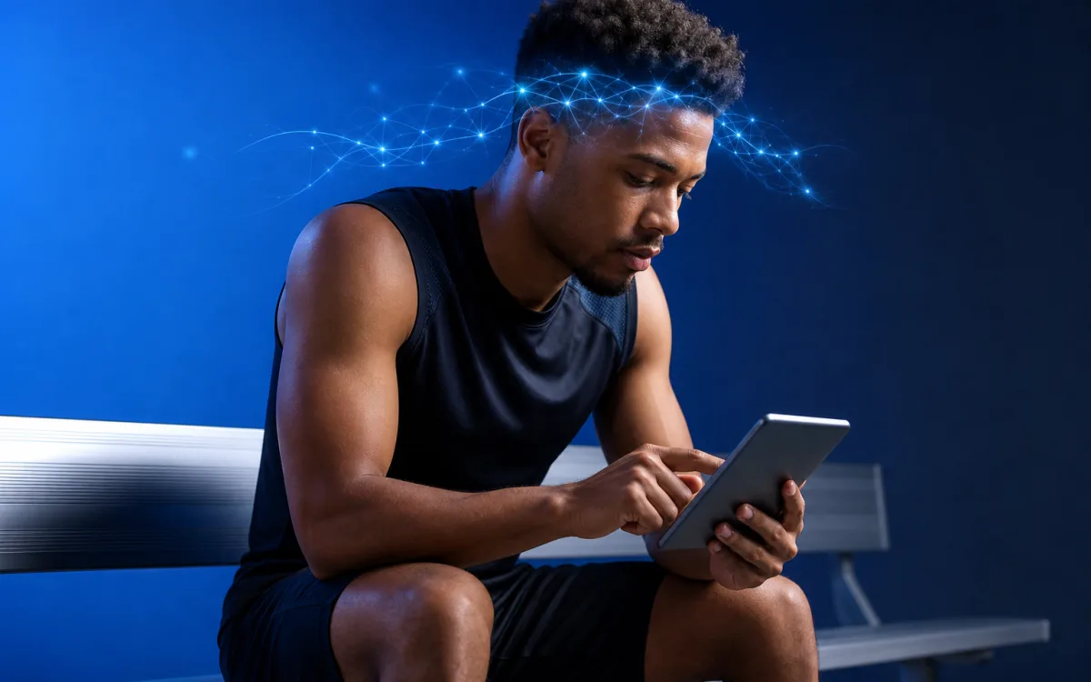 Young athlete seated trackside reviewing a tablet during a stepwise return check, gentle blue luminous waves suggesting focus and brain recovery