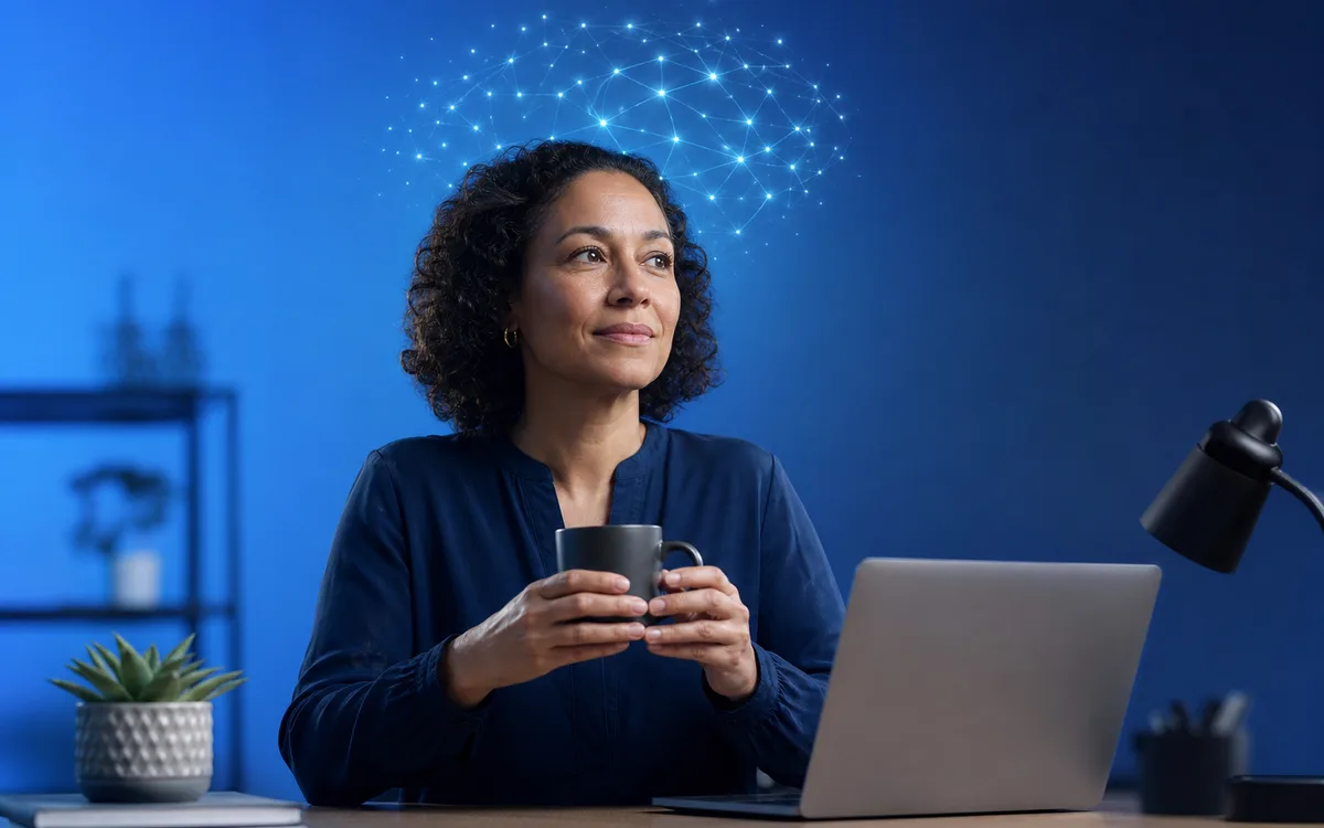 Calm adult settling into a sunlit office desk with gentle blue light motifs around the head, depicting a paced return to work after a brain injury