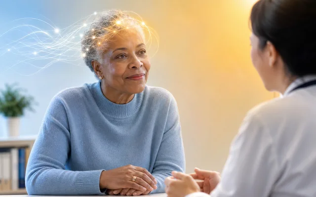 Older adult sitting with a clinician reviewing test results, soft luminous threads brightening around the patient's head