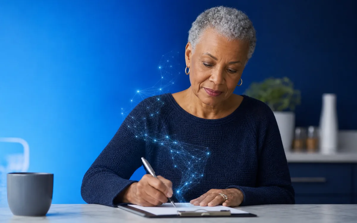 Wide editorial scene of a calm at-home moment with pen and paper and subtle neural light motifs
